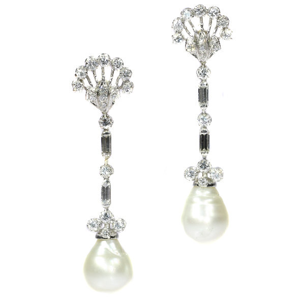 Long pendent diamond and pearl festive estate ear drops